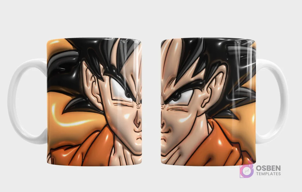 Plantilla 3D de taza con el personaje Goku de Dragon Ball, estilo anime, fondo naranja texturizado, vistas frontal y trasera del rostro del Saiyajin. Plantilla 3D de taza con el personaje Goku de Dragon Ball, estilo anime, fondo naranja texturizado, vistas frontal y trasera del rostro del Saiyajin.