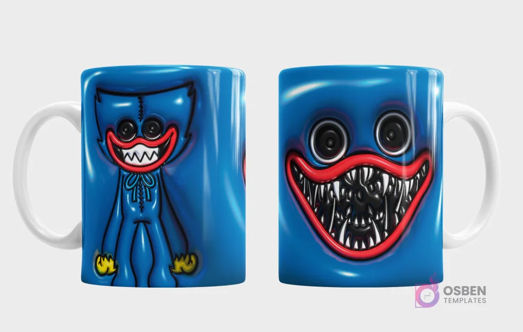 Plantilla 3D de taza con Huggy Wuggy de Poppy Playtime, fondo azul texturizado, vista frontal de cuerpo completo y trasera con su rostro aterrador y dientes afilados. Plantilla 3D de taza con Huggy Wuggy de Poppy Playtime, fondo azul texturizado, vista frontal de cuerpo completo y trasera con su rostro aterrador y dientes afilados.