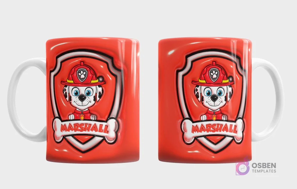 Plantilla 3D de taza con Marshall de Paw Patrol, fondo rojo brillante texturizado, vista frontal del cachorro bombero dentro de un escudo y trasera con su nombre 'Marshall'. Plantilla 3D de taza con Marshall de Paw Patrol, fondo rojo brillante texturizado, vista frontal del cachorro bombero dentro de un escudo y trasera con su nombre 'Marshall'.