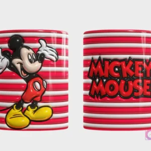 Plantilla 3D de taza con Mickey Mouse de Disney, fondo rojo y blanco a rayas horizontales con efecto 3D, vista frontal de Mickey y trasera con el nombre 'Mickey Mouse'.