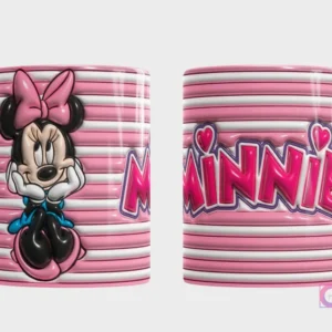 Plantilla 3D de taza con Minnie Mouse de Disney, fondo rosa y blanco a rayas horizontales con efecto 3D, vista frontal de Minnie y trasera con el nombre 'Minnie'.