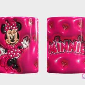 Plantilla 3D de taza con Minnie Mouse de Disney, vestida de rosa con lunares, fondo rosa vibrante texturizado con corazones, vista frontal y trasera con el nombre 'Minnie'.