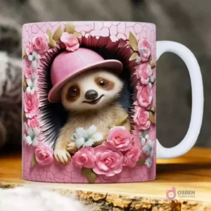 Plantilla 3D de perezoso con gorro rosa y flores rosas para taza de sublimación.