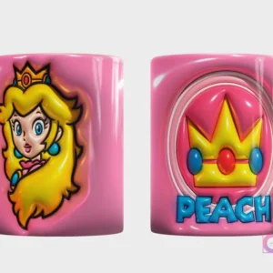 Plantilla 3D de taza con la Princesa Peach de Super Mario, fondo rosa texturizado, vista frontal de Peach y trasera con su corona y el nombre 'Peach'.