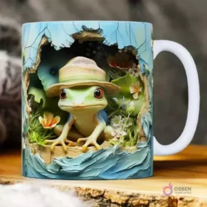 Plantilla 3D de rana con sombrero de paja y flores de bosque para taza de sublimación.