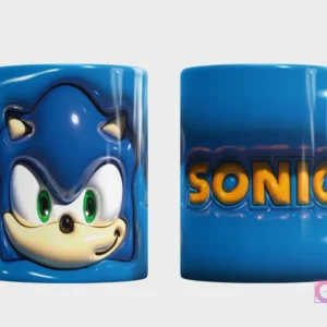 Plantilla 3D de taza con Sonic el Erizo, fondo azul brillante texturizado, vista frontal de su cara sonriente y trasera con el nombre 'Sonic'.