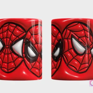 Plantilla 3D de taza con la máscara de Spiderman de Marvel, diseño en rojo con texturas de telaraña y ojos blancos 3D, vistas frontal y trasera detalladas.