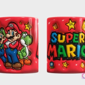 Plantilla 3D de taza con Super Mario, Luigi y Yoshi, fondo rojo vibrante texturizado con estrellas y elementos del juego, vista frontal y trasera con el logo 'Super Mario'.