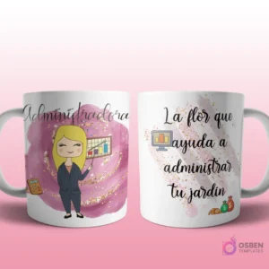 Mug mockup con diseño de administradora caricaturizada de cabello rubio con traje azul, señalando un gráfico de barras, sobre fondo abstracto rosa y frase 'La flor que ayuda a administrar tu jardín'.