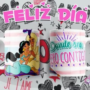 Tazas personalizadas con diseño de Aladdín y Jazmín, mensaje romántico 'Donde sea pero contigo'.