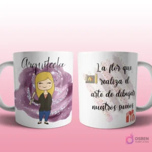 Mug mockup con diseño de arquitecta caricaturizada de cabello rubio con traje negro, sosteniendo planos, sobre fondo abstracto morado con brillos y frase 'La flor que realiza el arte de dibujar nuestros sueños'.