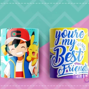 Taza de sublimación con diseño de Ash y Pikachu de Pokémon y la frase 'You're my Best Friends'.
