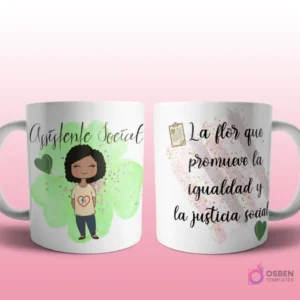 Mug mockup con diseño de asistente social caricaturizada de cabello oscuro con camiseta blanca y corazón, sobre fondo abstracto verde con brillos y frase 'La flor que promueve la igualdad y la justicia social'.