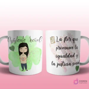 Mug mockup con diseño de barrendora caricaturizada de cabello rubio con uniforme naranja, sosteniendo una escoba, sobre fondo abstracto dorado con brillos y frase 'La flor que ayuda a mantener a nuestra ciudad limpia'.