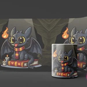 Diseño de un bebé Chimuelo con bufanda y libros, con velas y llamas, en un ambiente que evoca magia, en un mockup de taza negra.