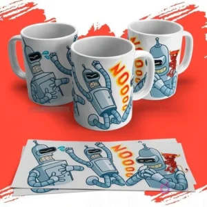 Tazas con diseños de Bender de Futurama en poses de enfado y la exclamación 'NOOOO', sobre un fondo rojo vibrante.