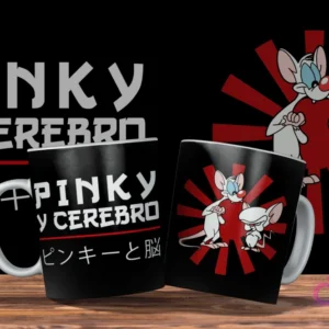 Dos tazas negras con diseño de Pinky y Cerebro. Una taza con 'Pinky y Cerebro' en español y japonés, la otra con los personajes delante de un sol naciente rojo. Fondo negro.
