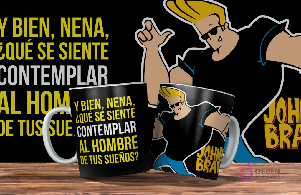 Dos tazas negras con diseño de Johnny Bravo. Una taza con Johnny Bravo y la frase 'Y bien, nena, ¿qué se siente contemplar al hombre de tus sueños?' La otra con Johnny Bravo posando. Fondo negro con detalles amarillos. Dos tazas negras con diseño de Johnny Bravo. Una taza con Johnny Bravo y la frase 'Y bien, nena, ¿qué se siente contemplar al hombre de tus sueños?' La otra con Johnny Bravo posando. Fondo negro con detalles amarillos.