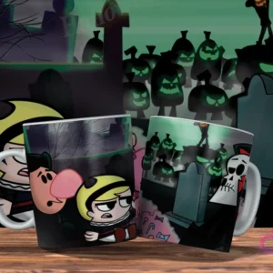 Dos tazas blancas con diseño de Las Siniestras Aventuras de Billy y Mandy. Una con Mandy y Puro Hueso, la otra con un cementerio y calabazas. Fondo oscuro y sombrío.