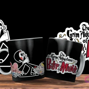 Dos tazas negras con diseño de Las Siniestras Aventuras de Billy y Mandy. Una con Puro Hueso y Billy, la otra con el logo de la serie. Fondo negro.