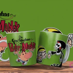 Dos tazas verdes con diseño de Las Siniestras Aventuras de Billy y Mandy. Una con Billy, la otra con Puro Hueso ofreciéndole galletas a Mandy. Fondo verde.