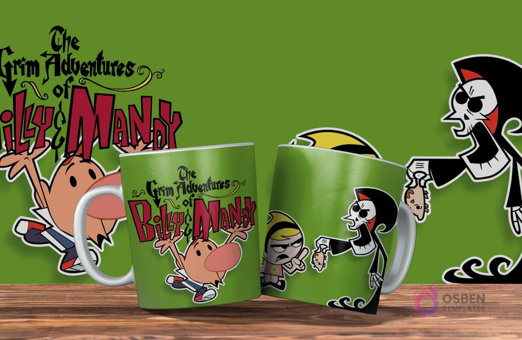 Dos tazas verdes con diseño de Las Siniestras Aventuras de Billy y Mandy. Una con Billy, la otra con Puro Hueso ofreciéndole galletas a Mandy. Fondo verde. Dos tazas verdes con diseño de Las Siniestras Aventuras de Billy y Mandy. Una con Billy, la otra con Puro Hueso ofreciéndole galletas a Mandy. Fondo verde.