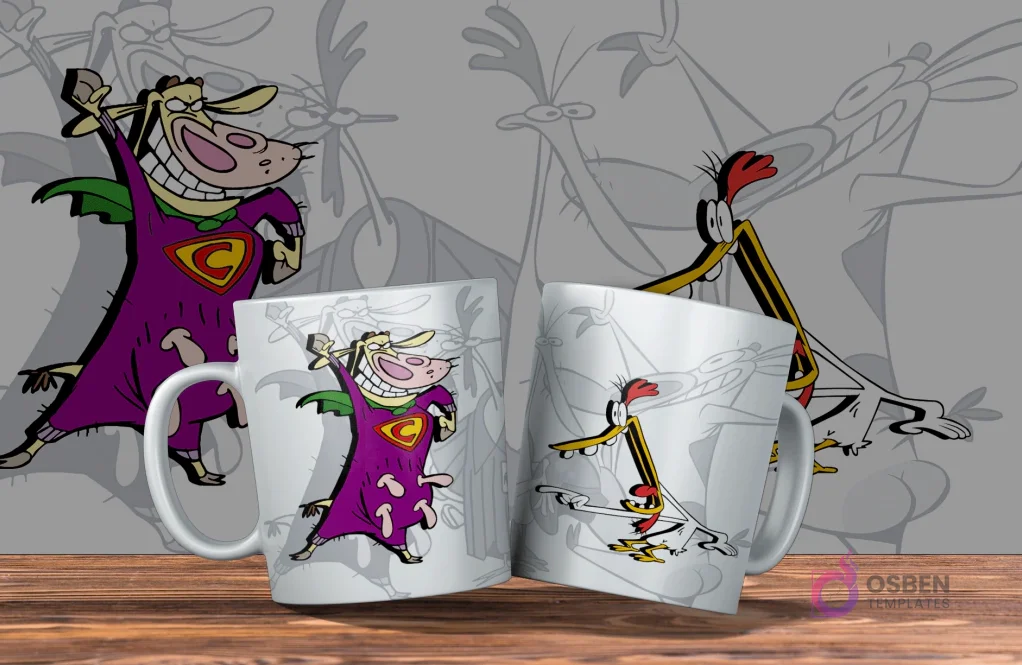 Dos tazas blancas con diseño de Vaca y Pollito. Una con Supervaca y la otra con Pollito. Fondo con siluetas grises de los personajes. Dos tazas blancas con diseño de Vaca y Pollito. Una con Supervaca y la otra con Pollito. Fondo con siluetas grises de los personajes.