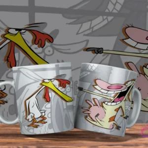 Dos tazas blancas con diseño de Vaca y Pollito. Una con Pollito, la otra con Vaca riendo y señalando a Pollito. Fondo con siluetas grises.