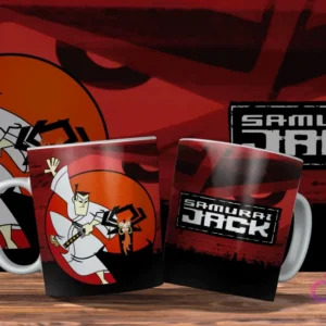 Dos tazas blancas con diseño de Samurai Jack. Una con Jack empuñando su espada frente a un sol rojo, la otra con el logo de 'Samurai Jack'. Fondo rojo.