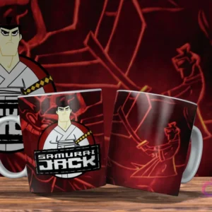 Dos tazas blancas con diseño de Samurai Jack. Una con Jack de pie y el logo, la otra con un Jack estilizado. Fondo rojo oscuro.