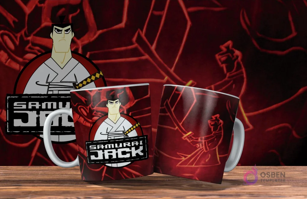 Dos tazas blancas con diseño de Samurai Jack. Una con Jack de pie y el logo, la otra con un Jack estilizado. Fondo rojo oscuro. Dos tazas blancas con diseño de Samurai Jack. Una con Jack de pie y el logo, la otra con un Jack estilizado. Fondo rojo oscuro.