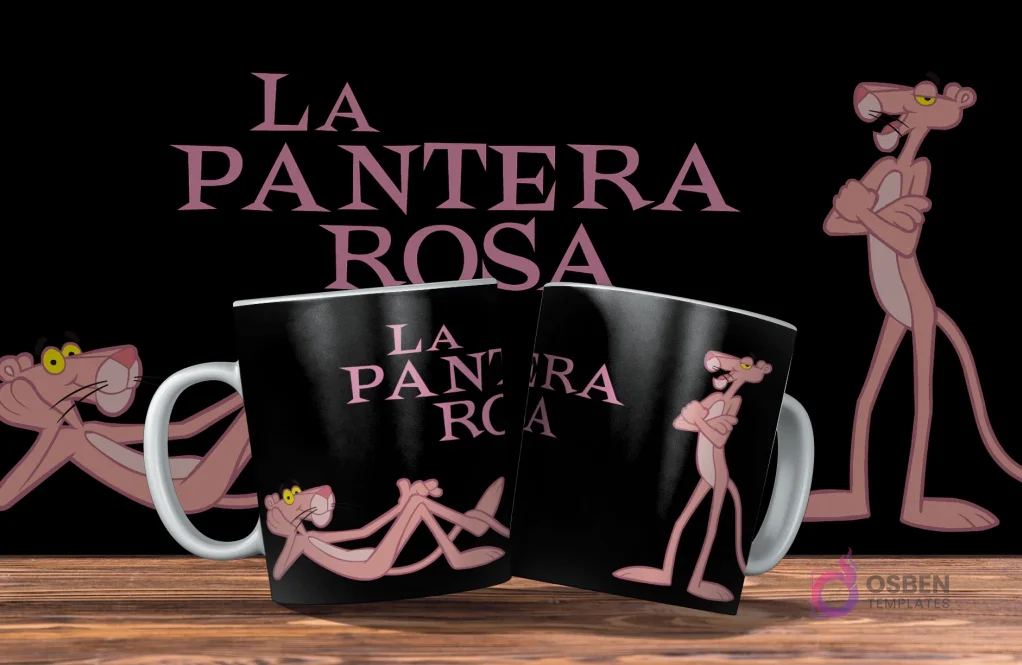 Dos tazas negras con diseño de La Pantera Rosa. Una con la pantera relajada, la otra con la pantera de pie y brazos cruzados. Fondo negro con el título 'La Pantera Rosa' en rosa. Dos tazas negras con diseño de La Pantera Rosa. Una con la pantera relajada, la otra con la pantera de pie y brazos cruzados. Fondo negro con el título 'La Pantera Rosa' en rosa.
