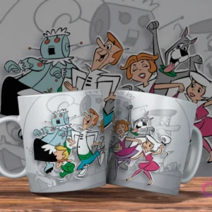 Dos tazas blancas con diseño de Los Supersónicos. Todos los miembros de la familia Jetson bailando y festejando. Fondo con siluetas grises futuristas.