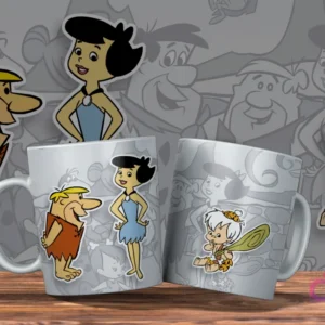 Dos tazas blancas con diseño de Los Picapiedra. Una con Pedro y Vilma, la otra con Pebbles. Fondo con siluetas grises prehistóricas.