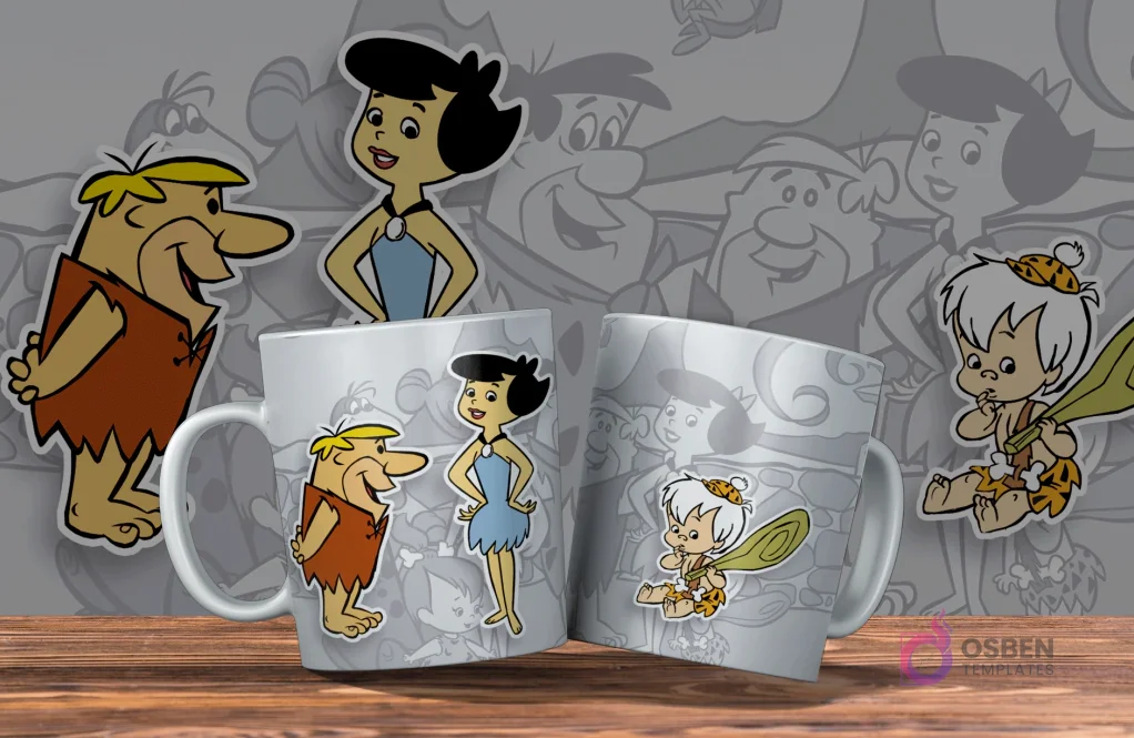 Dos tazas blancas con diseño de Los Picapiedra. Una con Pedro y Vilma, la otra con Pebbles. Fondo con siluetas grises prehistóricas. Dos tazas blancas con diseño de Los Picapiedra. Una con Pedro y Vilma, la otra con Pebbles. Fondo con siluetas grises prehistóricas.