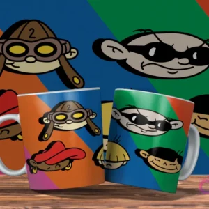 Dos tazas coloridas con diseño de KND Los Chicos del Barrio. Las caras de los agentes N°2, N°1 y N°4. Fondo con bloques de colores.