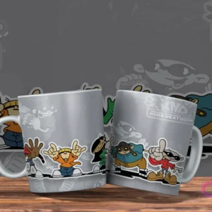 Dos tazas blancas con diseño de KND Los Chicos del Barrio. Los agentes N°1, N°2, N°3, N°4 y N°5 posando. Fondo con siluetas grises.