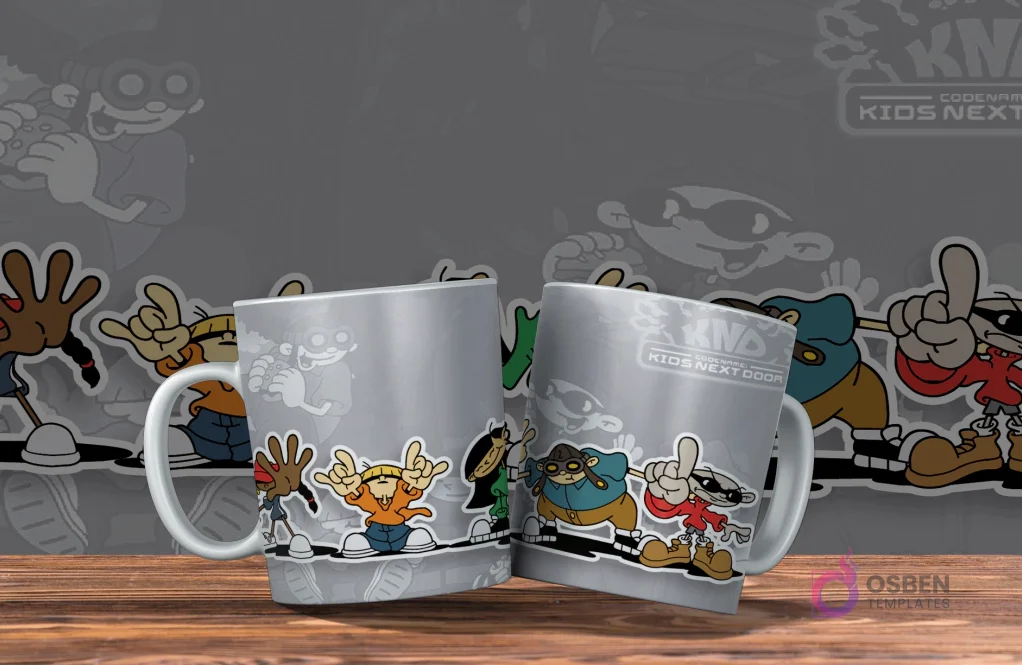 Dos tazas blancas con diseño de KND Los Chicos del Barrio. Los agentes N°1, N°2, N°3, N°4 y N°5 posando. Fondo con siluetas grises. Dos tazas blancas con diseño de KND Los Chicos del Barrio. Los agentes N°1, N°2, N°3, N°4 y N°5 posando. Fondo con siluetas grises.