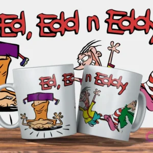Dos tazas blancas con diseño de Ed, Edd y Eddy. Los tres amigos boca abajo con el título 'Ed, Edd n Eddy'. Fondo gris.