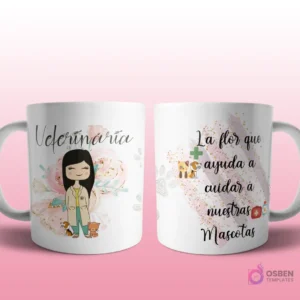 Mug mockup con diseño de científica caricaturizada de cabello oscuro con bata de laboratorio y probeta, sobre fondo abstracto azul con brillos y frase 'La flor que descubre los secretos del universo'.