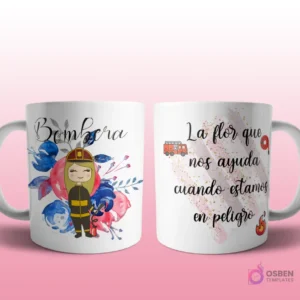 Mug mockup con diseño de contadora caricaturizada de cabello oscuro con traje gris, sosteniendo un signo de dólar, sobre fondo abstracto azul con brillos y frase 'La flor que hace que tu jardín se beneficie con amor'.