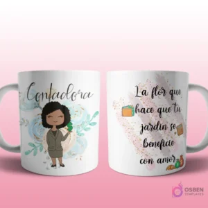 Mug mockup con diseño de cosmetóloga caricaturizada de cabello rubio con uniforme beige, sosteniendo una planta, sobre fondo abstracto rosa con brillos y frase 'La flor que cuida nuestra belleza'.