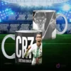 Mug de sublimación CR7 con Cristiano Ronaldo en uniforme de Portugal celebrando y diseño de su rostro en blanco y negro, sobre fondo de estadio de fútbol.