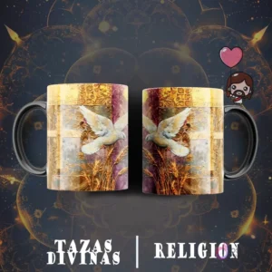 Taza sublimada con diseño de dos palomas blancas volando entre campos de trigo dorados, con textura brillante.