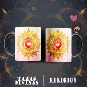 Taza sublimada con diseño de corazón rojo radiante al centro de un mandala dorado y un halo brillante sobre fondo suave.