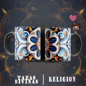 Taza sublimada con diseño de mandala ornamentado en tonos azules, naranjas y dorados, con detalles florales y simétricos.