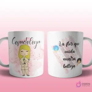 Mug mockup con diseño de dentista caricaturizada de cabello oscuro con uniforme beige, con fondo de flor azul con brillos y frase 'La flor que cuida de nuestra sonrisa', con íconos de dientes y dentadura.