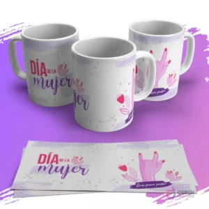 Mugs con diseño 'Día de la Mujer' y mano haciendo señal de rock ('I love you') con frase 'Eres puro poder' y elementos florales.