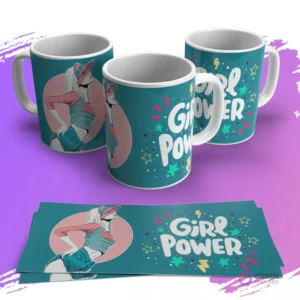 Mugs con diseño estilizado de mujer en gorra y shorts, posando, y 'Girl Power' con estrellas en fondo teal.