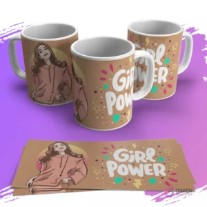 Tazas con diseño de mujer estilosa en hoodie y 'Girl Power' con estrellas y detalles en tonos cálidos.